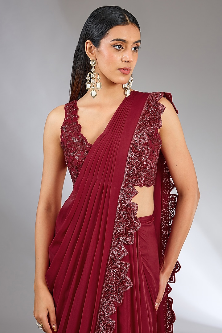 Red Chiffon Embellished Reception Saree Set by Ridhima Bhasin at Pernia's Pop Up Shop