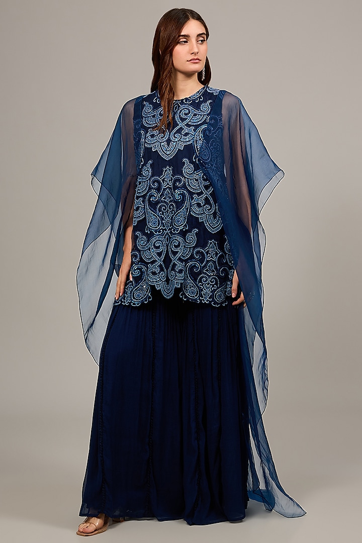 Blue Chiffon Sharara Set by Ridhima Bhasin at Pernia's Pop Up Shop