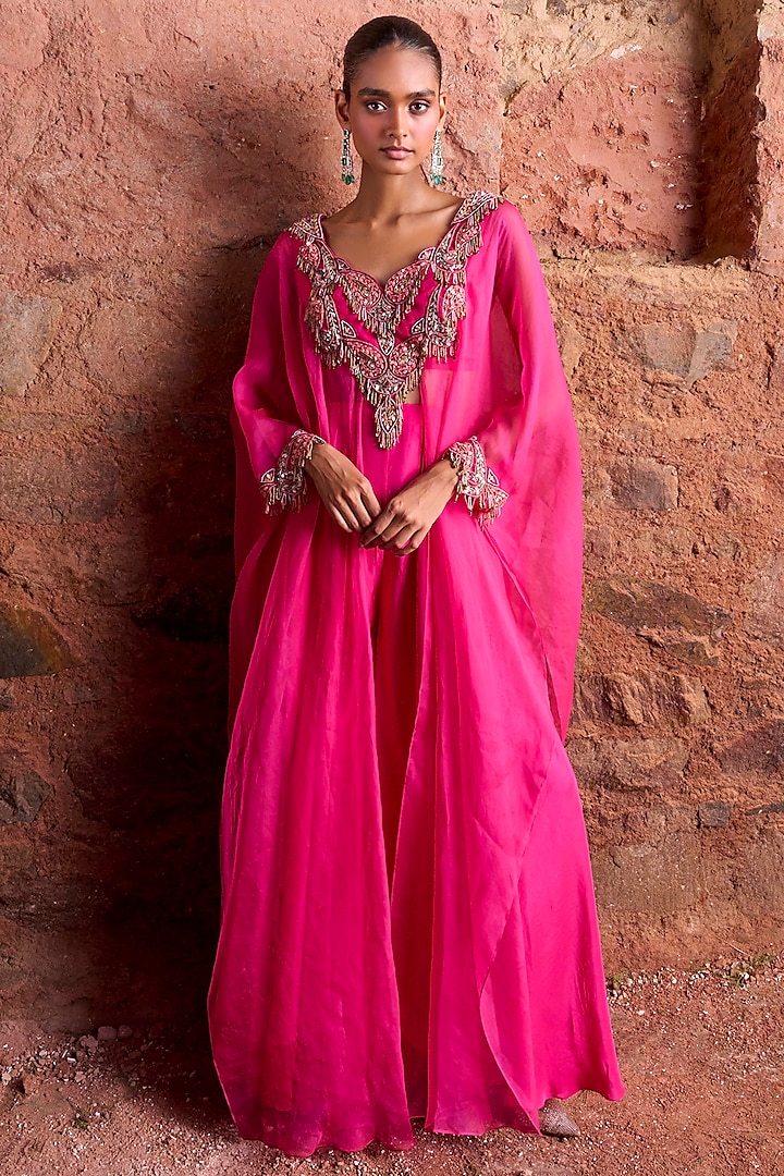 Fuchsia Organza Embroidered Kurta Set by Ridhima Bhasin at Pernia's Pop Up Shop