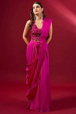 Fuchsia Organza & Flat Chiffon Saree Set by Ridhima Bhasin
