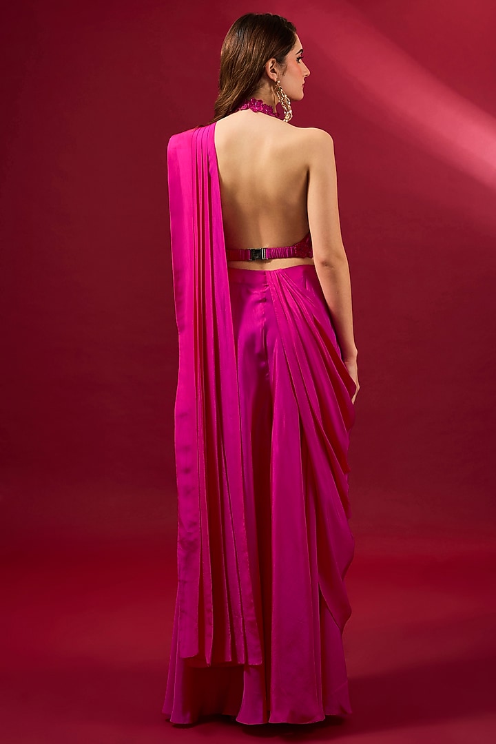 Fuchsia Organza & Flat Chiffon Wedding Saree Set by Ridhima Bhasin at Pernia's Pop Up Shop