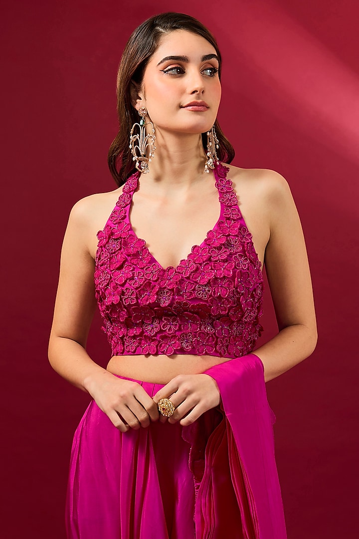 Fuchsia Organza & Flat Chiffon Wedding Saree Set by Ridhima Bhasin at Pernia's Pop Up Shop