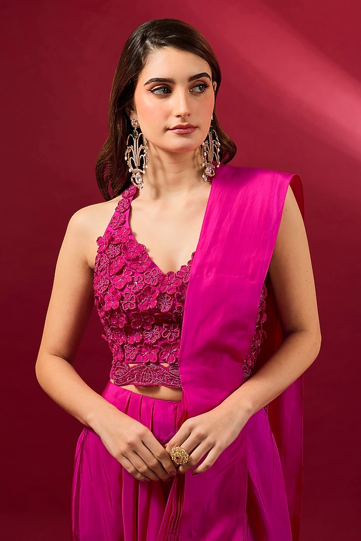 Fuchsia Organza & Flat Chiffon Wedding Saree Set by Ridhima Bhasin at Pernia's Pop Up Shop