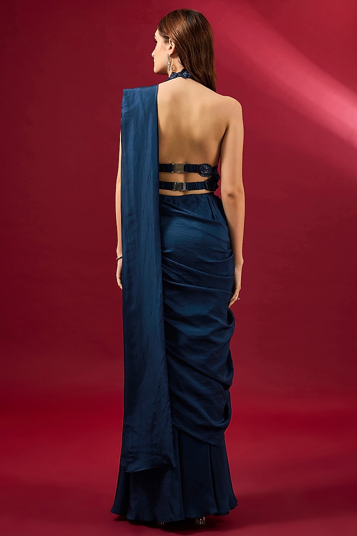 Navy Blue Organza & Flat Chiffon Wedding Saree Set by Ridhima Bhasin at Pernia's Pop Up Shop