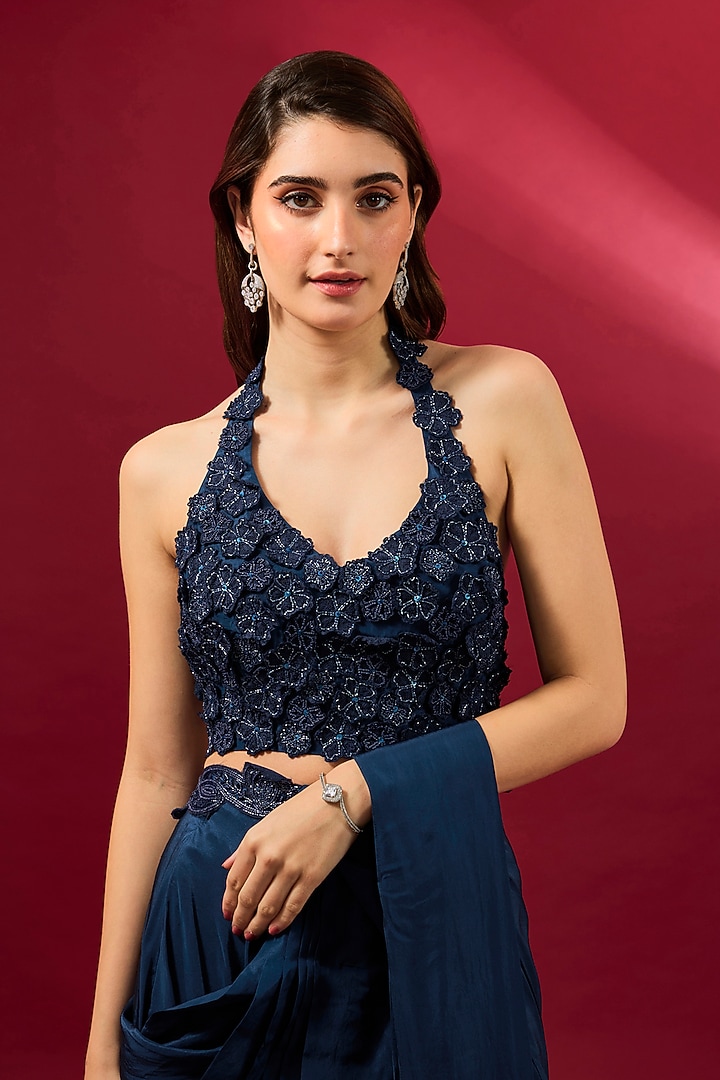 Navy Blue Organza & Flat Chiffon Wedding Saree Set by Ridhima Bhasin at Pernia's Pop Up Shop