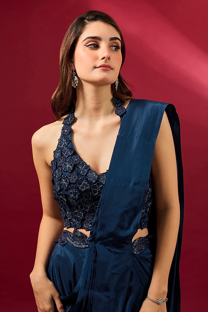 Navy Blue Organza & Flat Chiffon Wedding Saree Set by Ridhima Bhasin at Pernia's Pop Up Shop