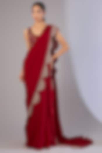 Red Chiffon & Organza Reception Saree Set by Ridhima Bhasin at Pernia's Pop Up Shop