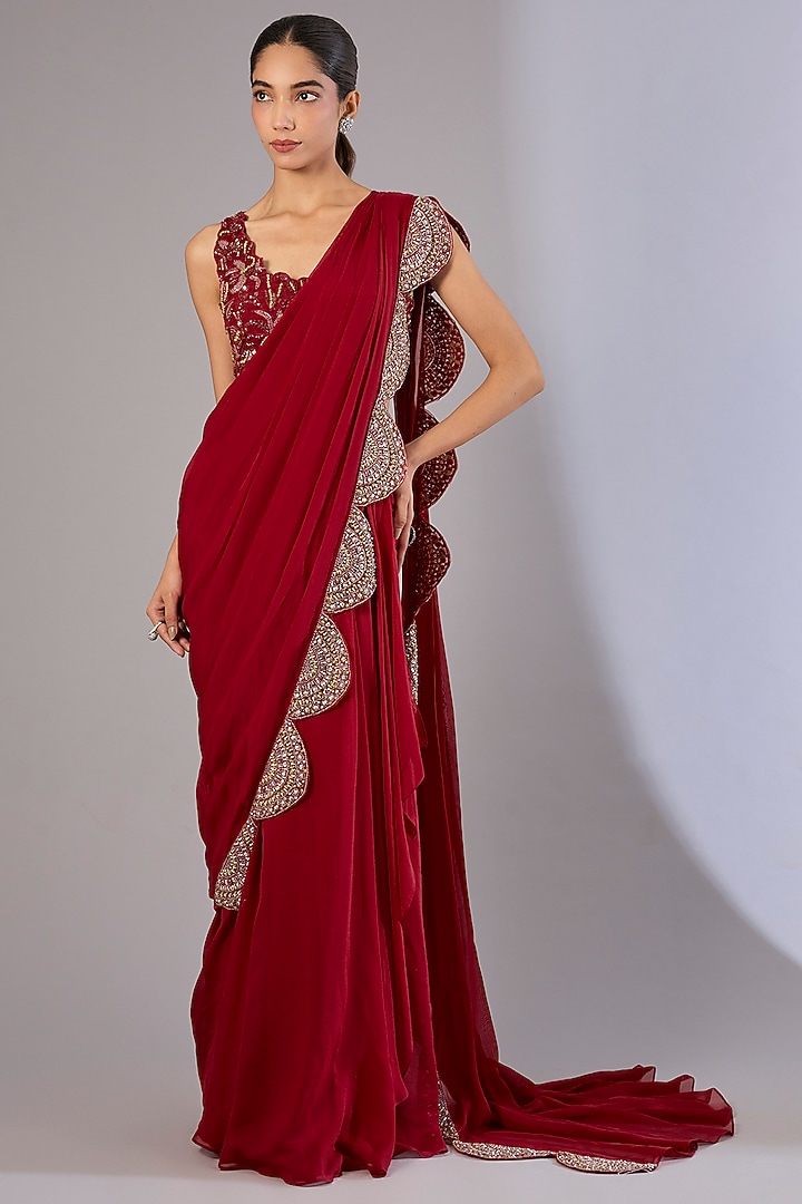 Red Chiffon & Organza Reception Saree Set by Ridhima Bhasin at Pernia's Pop Up Shop