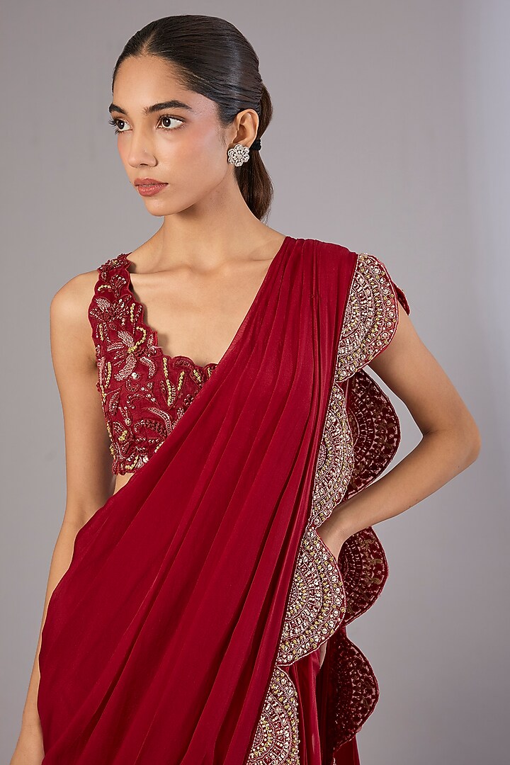 Red Chiffon & Organza Reception Saree Set by Ridhima Bhasin at Pernia's Pop Up Shop