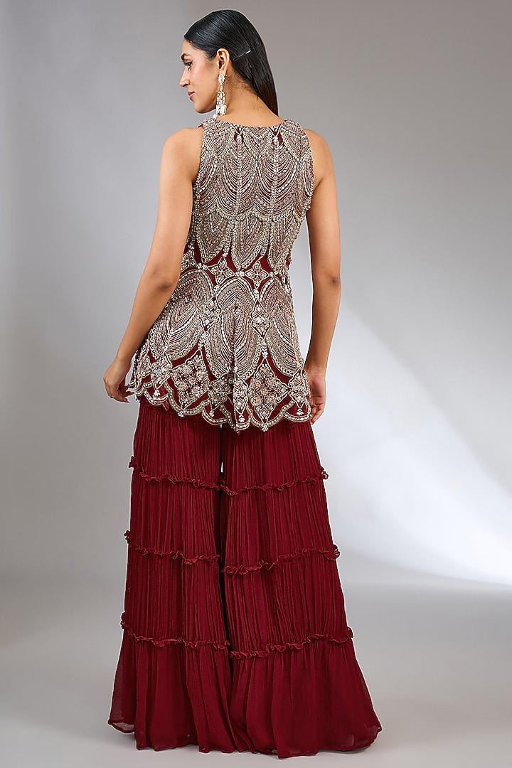 Red Chiffon Layered Bridal Sharara Set by Ridhima Bhasin at Pernia's Pop Up Shop