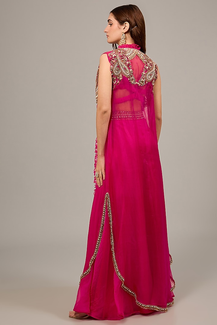 Hot Pink Organza Floral Hand Embroidered Jacket Set by Ridhima Bhasin at Pernia's Pop Up Shop