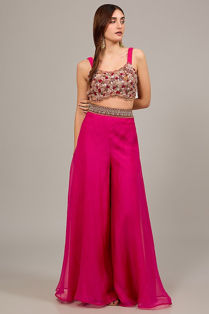 Hot Pink Organza Floral Hand Embroidered Jacket Set by Ridhima Bhasin at Pernia's Pop Up Shop