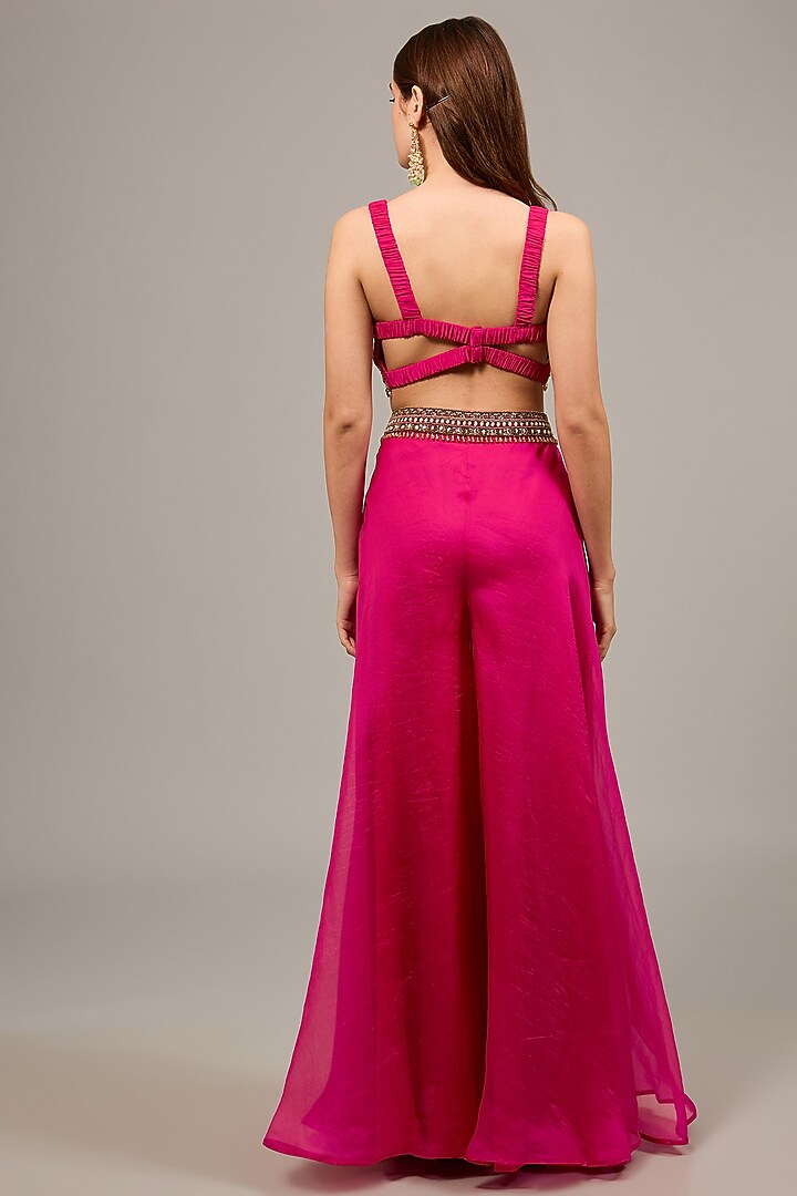 Hot Pink Organza Floral Hand Embroidered Jacket Set by Ridhima Bhasin at Pernia's Pop Up Shop