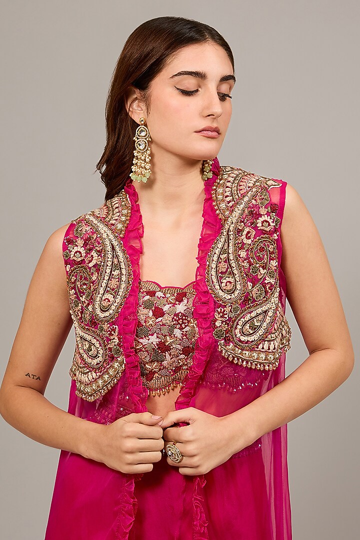 Hot Pink Organza Floral Hand Embroidered Jacket Set by Ridhima Bhasin at Pernia's Pop Up Shop