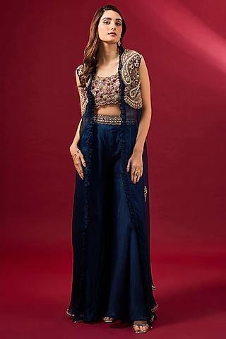 Navy Blue Organza Jacket Set by Ridhima Bhasin