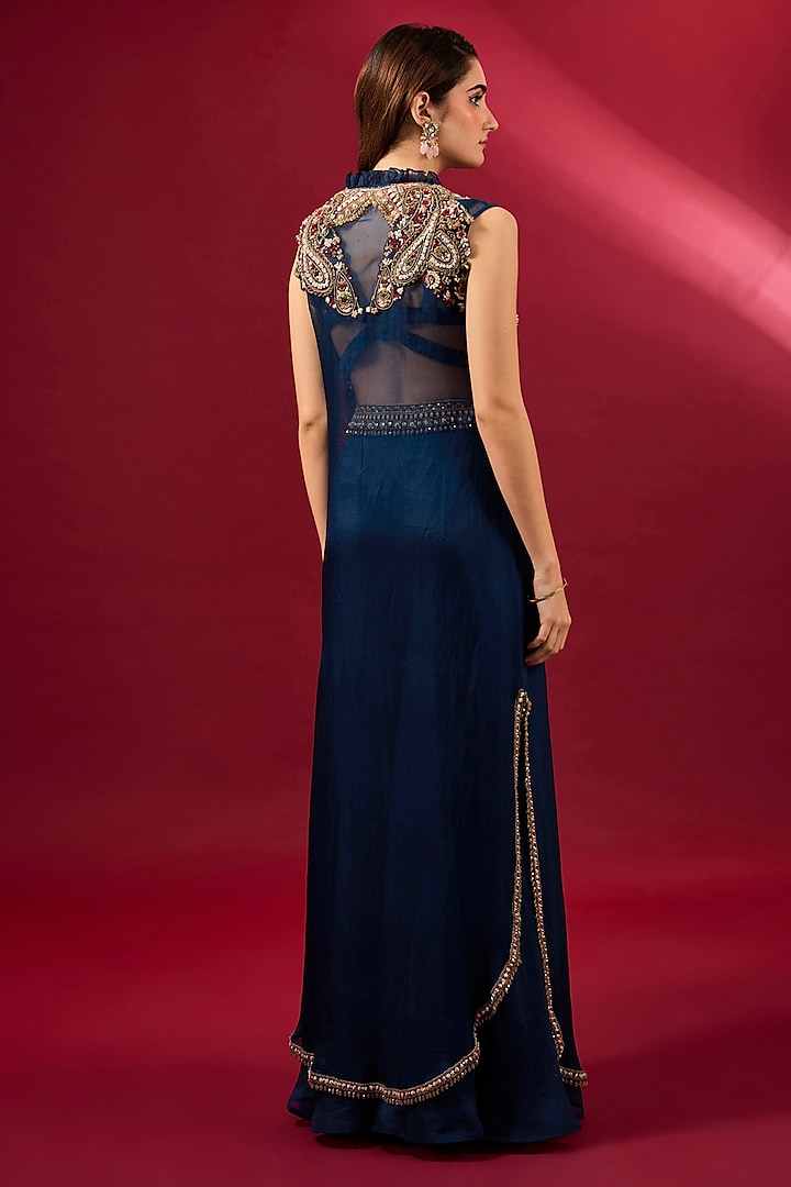 Navy Blue Organza Jacket Set by Ridhima Bhasin at Pernia's Pop Up Shop