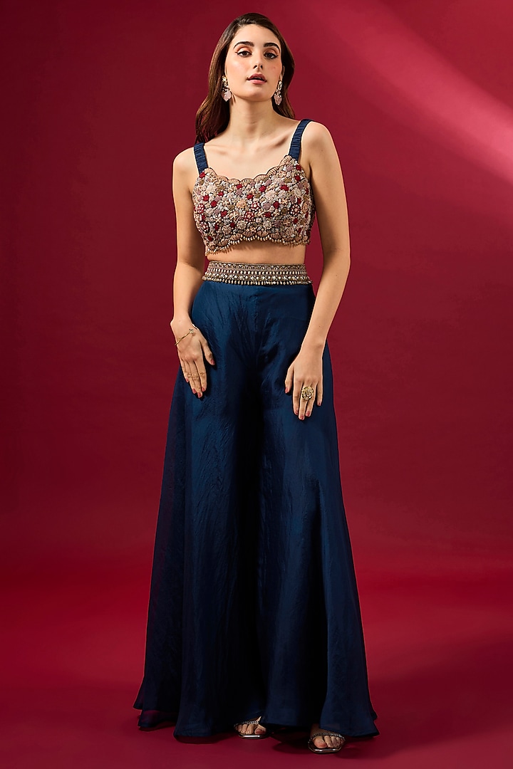 Navy Blue Organza Jacket Set by Ridhima Bhasin at Pernia's Pop Up Shop