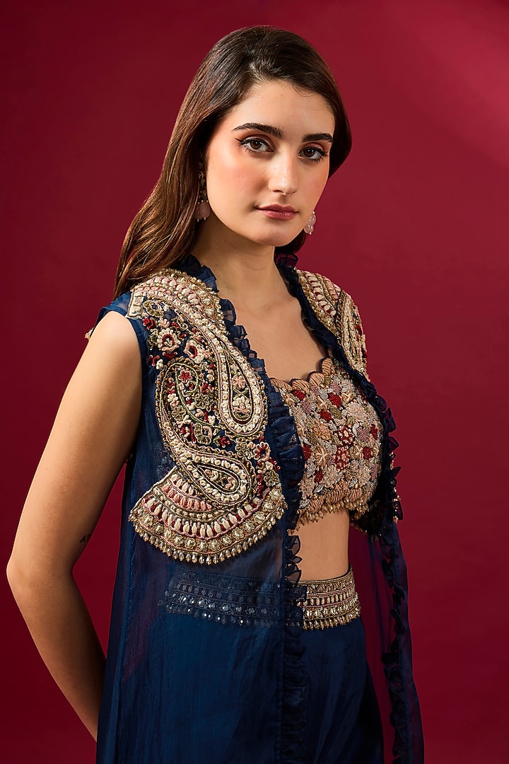 Navy Blue Organza Jacket Set by Ridhima Bhasin at Pernia's Pop Up Shop