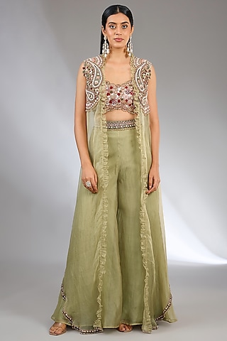 Mint Green Organza Frilled Cape Set by Ridhima Bhasin