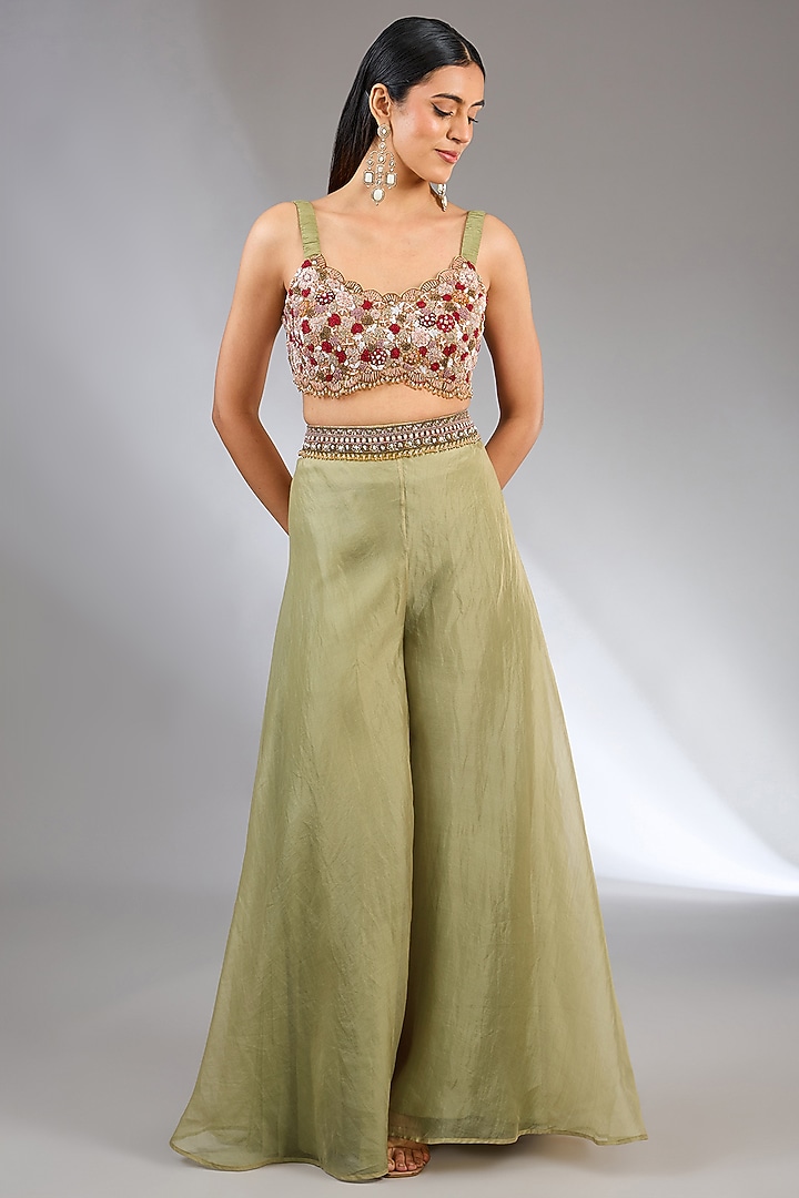 Mint Green Organza Frilled Cape Set by Ridhima Bhasin at Pernia's Pop Up Shop