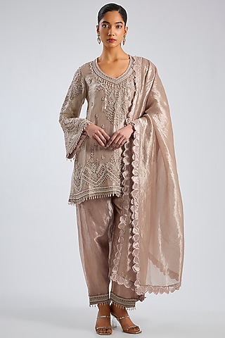 Pink Silk Tissue Kurta Set by Ridhima Bhasin