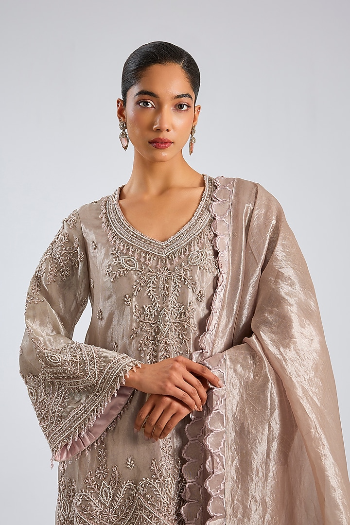 Pink Silk Tissue Kurta Set by Ridhima Bhasin at Pernia's Pop Up Shop