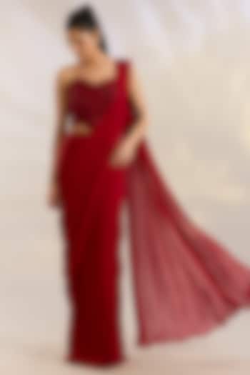 Red Net & Chiffon Wedding Saree Set by Ridhima Bhasin at Pernia's Pop Up Shop