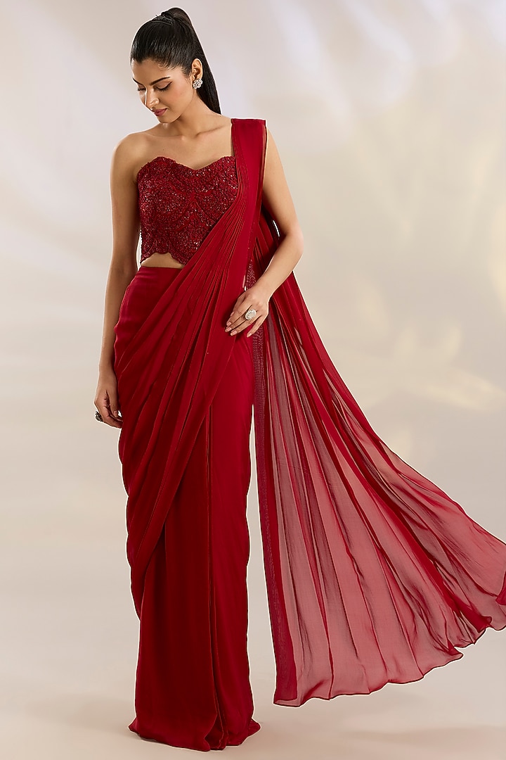 Red Net & Chiffon Wedding Saree Set by Ridhima Bhasin at Pernia's Pop Up Shop