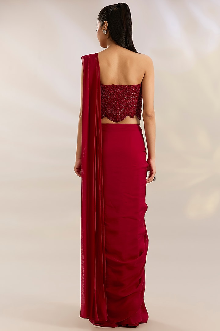 Red Net & Chiffon Wedding Saree Set by Ridhima Bhasin at Pernia's Pop Up Shop