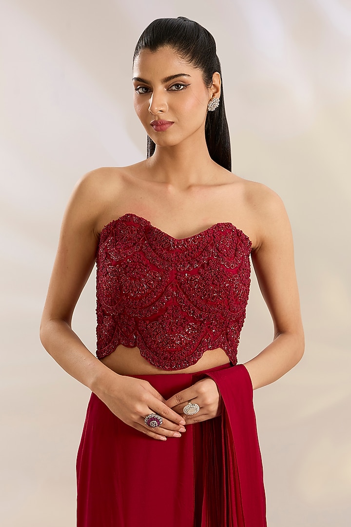 Red Net & Chiffon Wedding Saree Set by Ridhima Bhasin at Pernia's Pop Up Shop