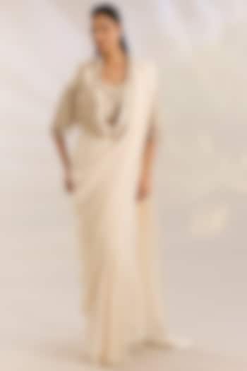 Ivory Net & Chiffon Jacket Reception Saree Set by Ridhima Bhasin at Pernia's Pop Up Shop