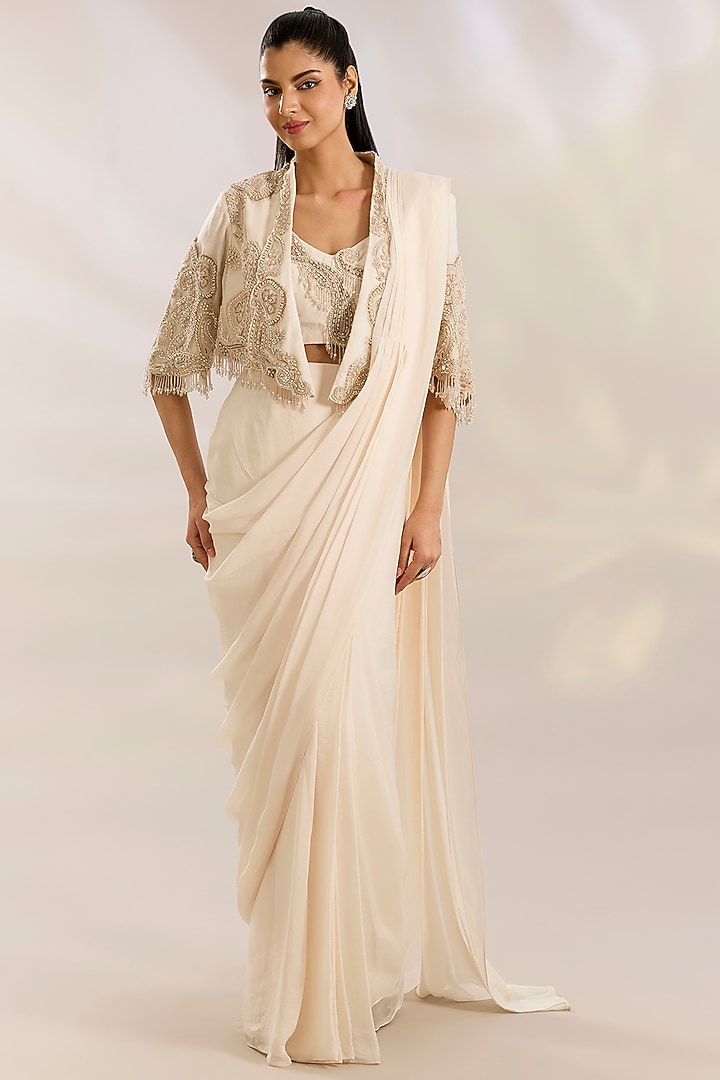Ivory Net & Chiffon Jacket Reception Saree Set by Ridhima Bhasin at Pernia's Pop Up Shop
