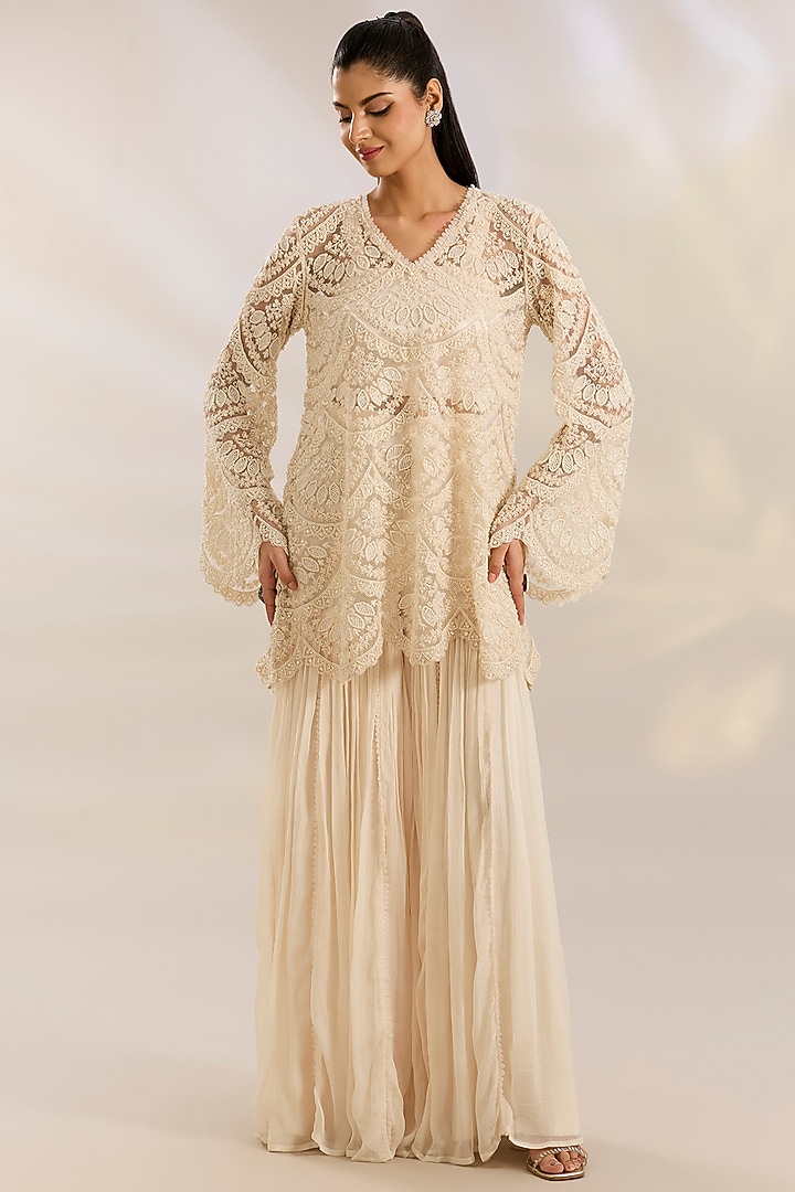 Ivory Georgette Wedding Sharara Set by Ridhima Bhasin at Pernia's Pop Up Shop