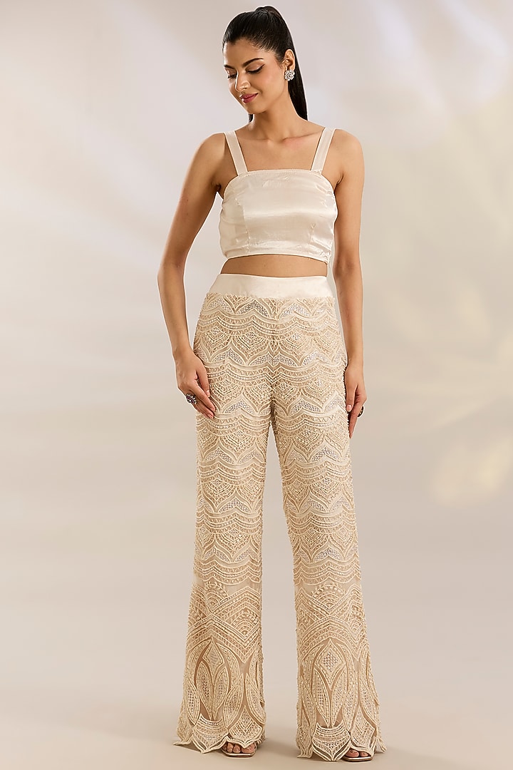Ivory Net Embroidered Bridal Sharara Set by Ridhima Bhasin at Pernia's Pop Up Shop