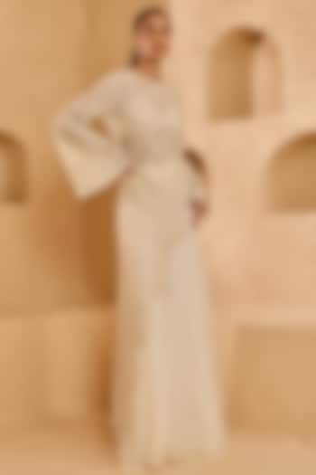 Ivory Net Pearl Hand Embroidered Asymmetric Kurta Set by Ridhima Bhasin at Pernia's Pop Up Shop