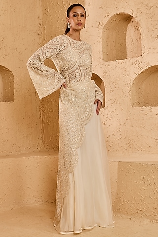 Ivory Net Pearl Hand Embroidered Asymmetric Kurta Set by Ridhima Bhasin