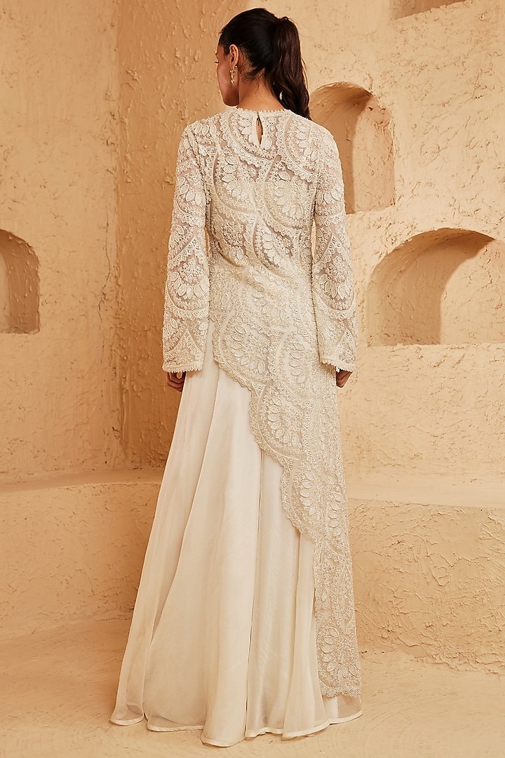 Ivory Net Pearl Hand Embroidered Asymmetric Kurta Set by Ridhima Bhasin at Pernia's Pop Up Shop