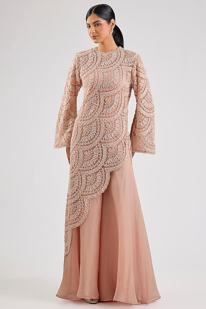 Blush Net Pearl Embroidered Asymmetric Kurta Set by Ridhima Bhasin at Pernia's Pop Up Shop