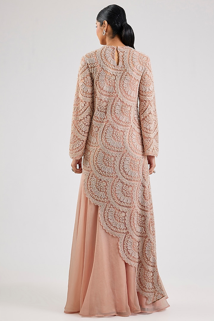 Blush Net Pearl Embroidered Asymmetric Kurta Set by Ridhima Bhasin at Pernia's Pop Up Shop