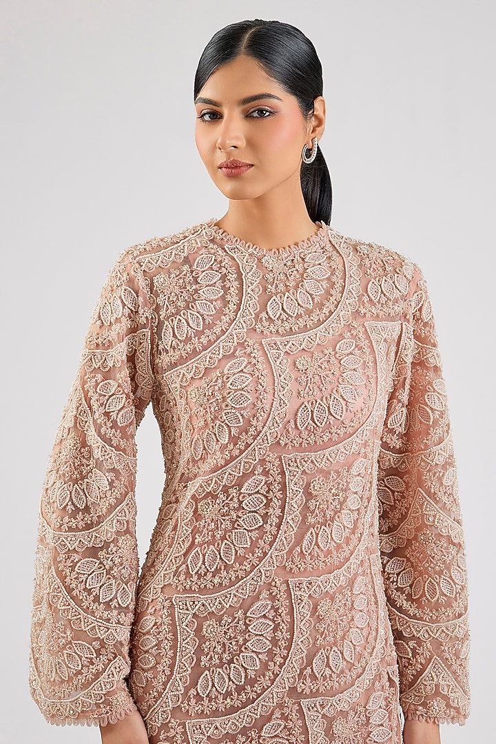 Blush Net Pearl Embroidered Asymmetric Kurta Set by Ridhima Bhasin at Pernia's Pop Up Shop