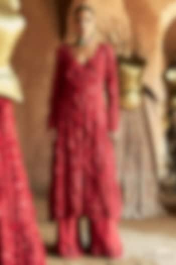 Scarlet Red Net 3D Embroidered Kurta Set by Ridhima Bhasin at Pernia's Pop Up Shop