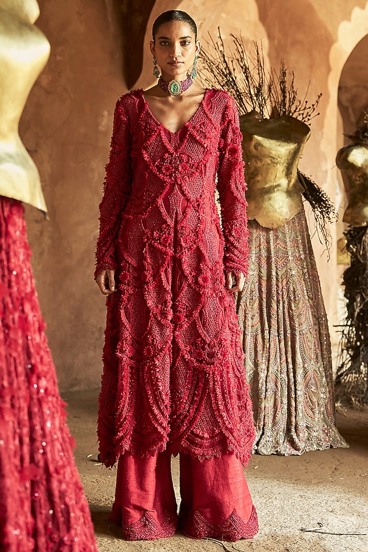 Scarlet Red Net 3D Embroidered Kurta Set by Ridhima Bhasin at Pernia's Pop Up Shop