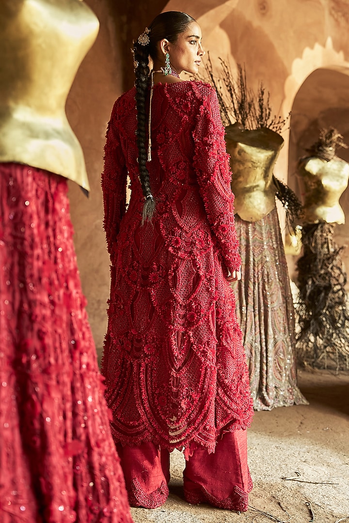 Scarlet Red Net 3D Embroidered Kurta Set by Ridhima Bhasin at Pernia's Pop Up Shop