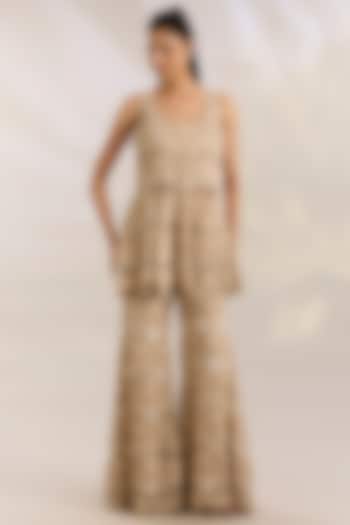 Beige Gold Net Embroidered Bridal Sharara Set by Ridhima Bhasin at Pernia's Pop Up Shop