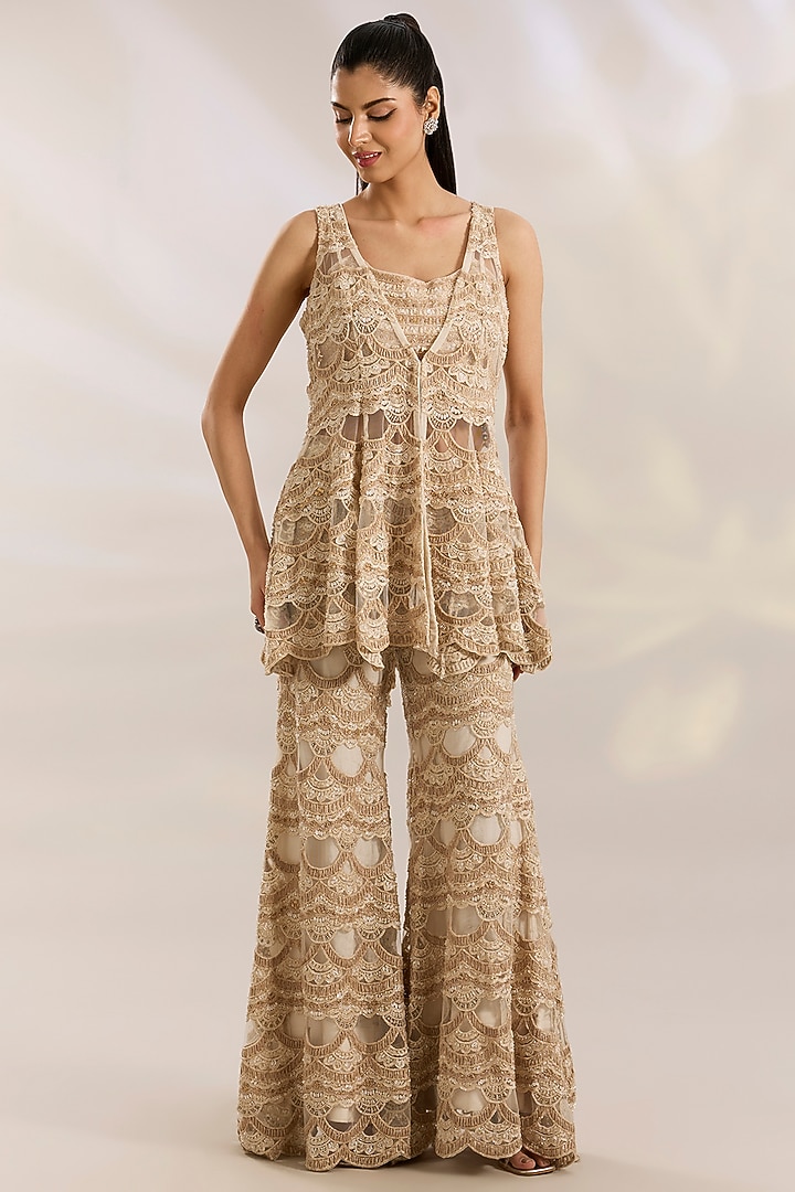 Beige Gold Net Embroidered Bridal Sharara Set by Ridhima Bhasin at Pernia's Pop Up Shop