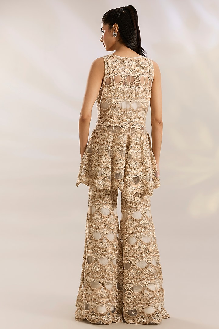 Beige Gold Net Embroidered Bridal Sharara Set by Ridhima Bhasin at Pernia's Pop Up Shop