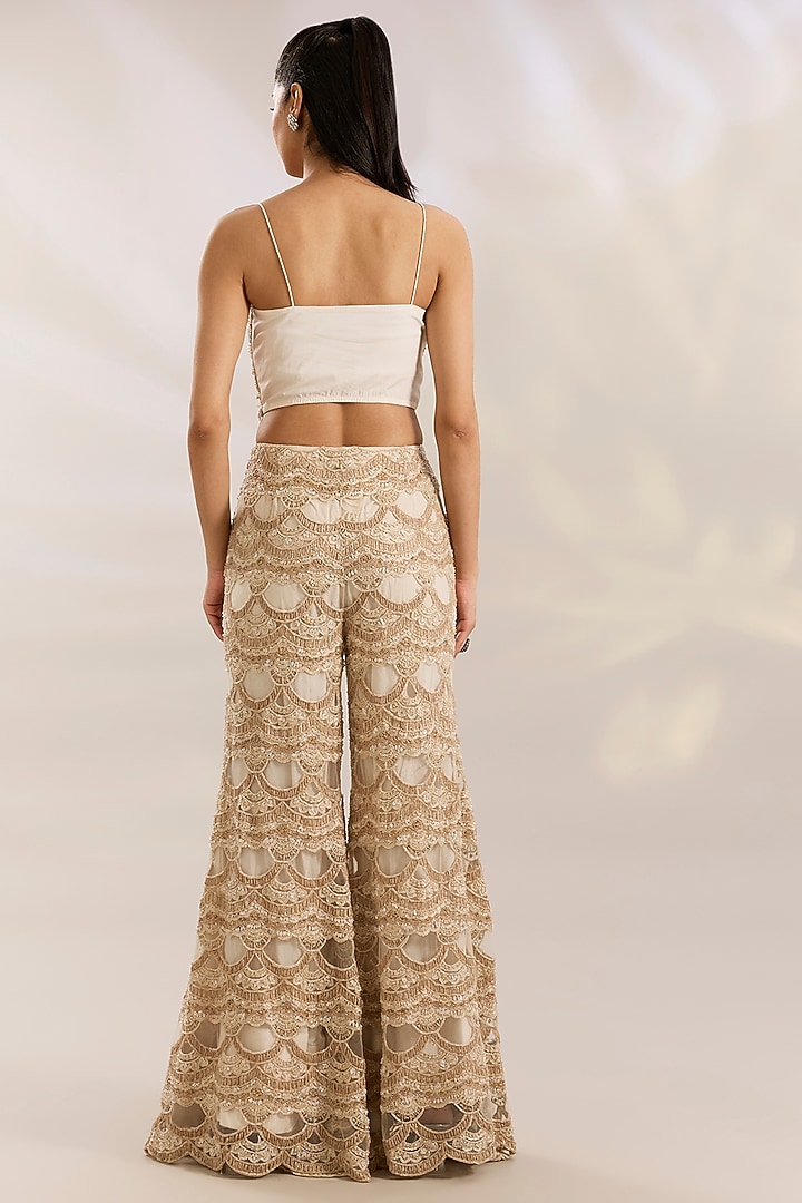 Beige Gold Net Embroidered Bridal Sharara Set by Ridhima Bhasin at Pernia's Pop Up Shop