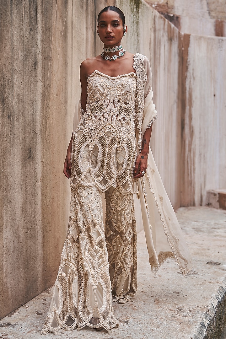 Ivory Net Geometric Embroidered Pant Set by Ridhima Bhasin at Pernia's Pop Up Shop
