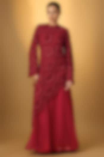 Red Organza Asymmetric Kurta Set by Ridhima Bhasin at Pernia's Pop Up Shop