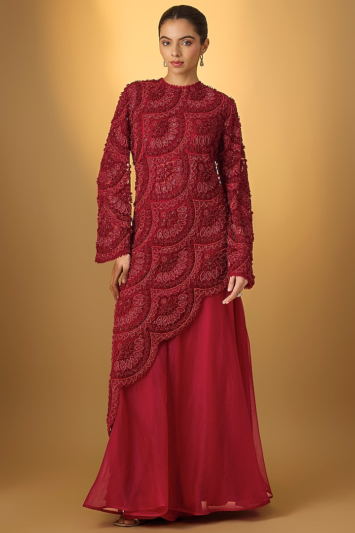 Red Organza Asymmetric Kurta Set by Ridhima Bhasin at Pernia's Pop Up Shop